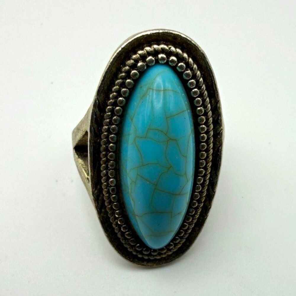 Silver Tone Metal Cocktail Ring with Oval Blue Turquoise Bezel Set Stone size 12